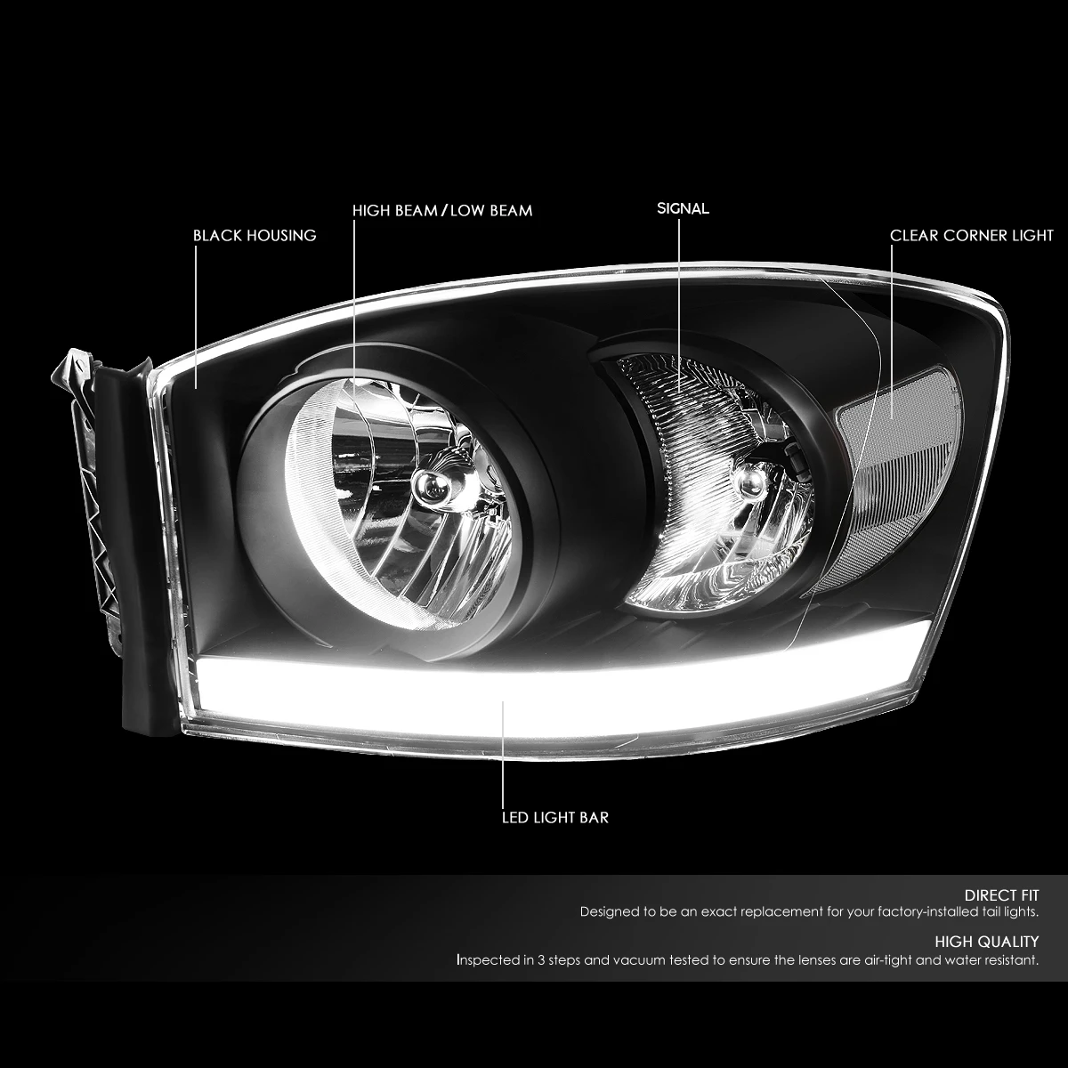 06-08 Dodge RAM LED DRL Crystal Headlights - Black Clear 4 06-08 Dodge RAM LED DRL Crystal Headlights - Black Clear - Image 4
