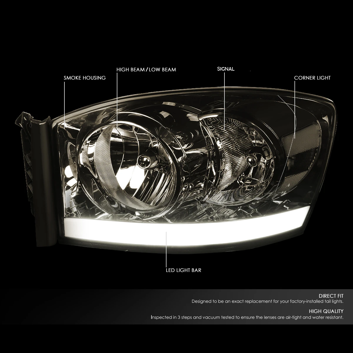 06-08 Dodge RAM LED DRL Crystal Headlights - Smoked Clear 4 06-08 Dodge RAM LED DRL Crystal Headlights - Smoked Clear - Image 4