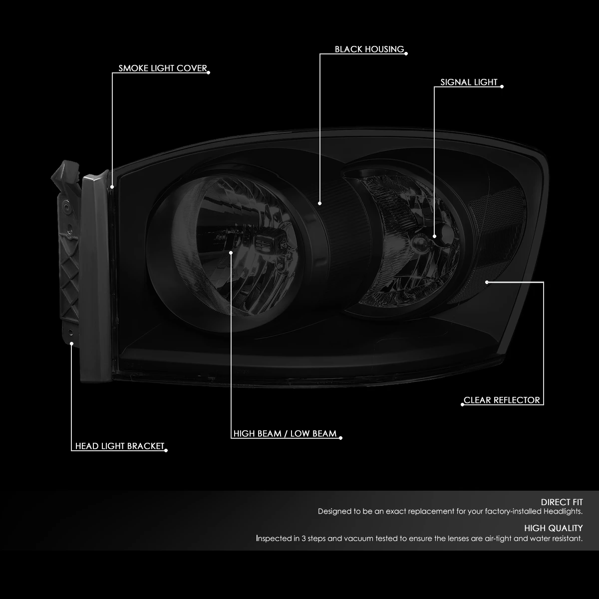 06-09 Dodge RAM Replacement Smoked Tinted Headlights - Black Smoked / Clear 4 06-09 Dodge RAM Replacement Smoked Tinted Headlights - Black Smoked / Clear - Image 4
