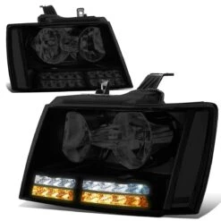 07-14 Chevy Suburban Tahoe LED DRL+Turn Signal Headlights - Black Smoked / Clear