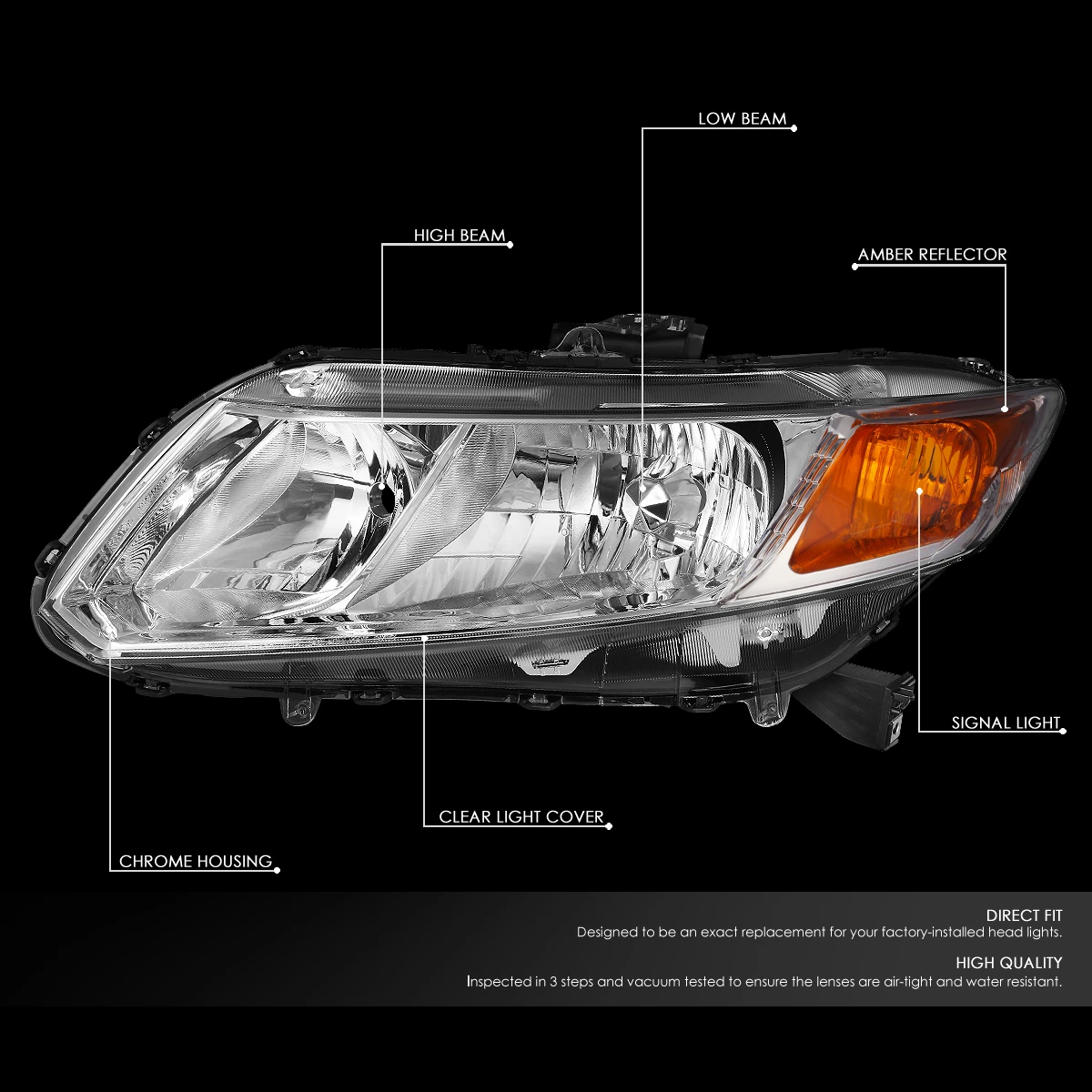12-15 Honda Civic 4dr / 12-13 Civic 2dr OE-Style Replacement Headlights - Chrome / Amber 4 12-15 Honda Civic 4dr / 12-13 Civic 2dr OE-Style Replacement Headlights - Chrome / Amber - Image 4