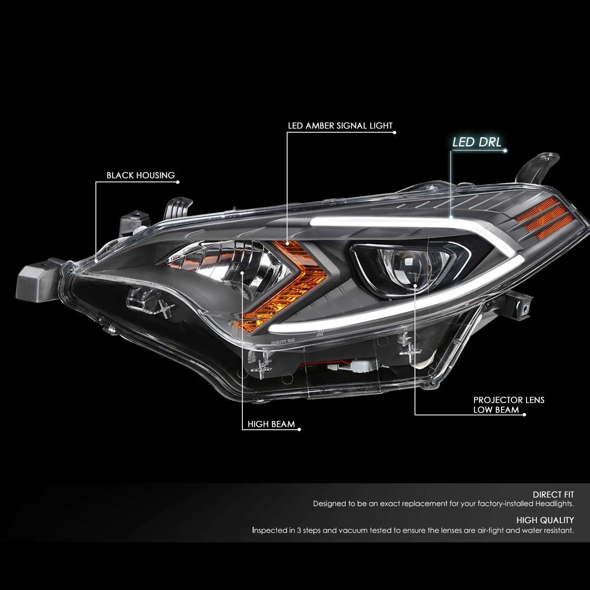 14-16 Toyota Corolla Sedan Pair LED DRL Projector Headlight / Lamps (Black Housing / Amber Corner) 4 14-16 Toyota Corolla Sedan Pair LED DRL Projector Headlight / Lamps (Black Housing / Amber Corner) - Image 4