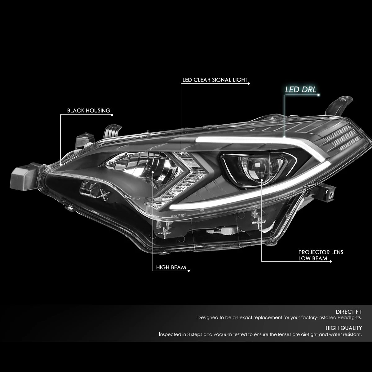 14-16 Toyota Corolla Sedan Pair LED DRL Projector Headlight / Lamps (Black Housing / Clear Corner) 4 14-16 Toyota Corolla Sedan Pair LED DRL Projector Headlight / Lamps (Black Housing / Clear Corner) - Image 4