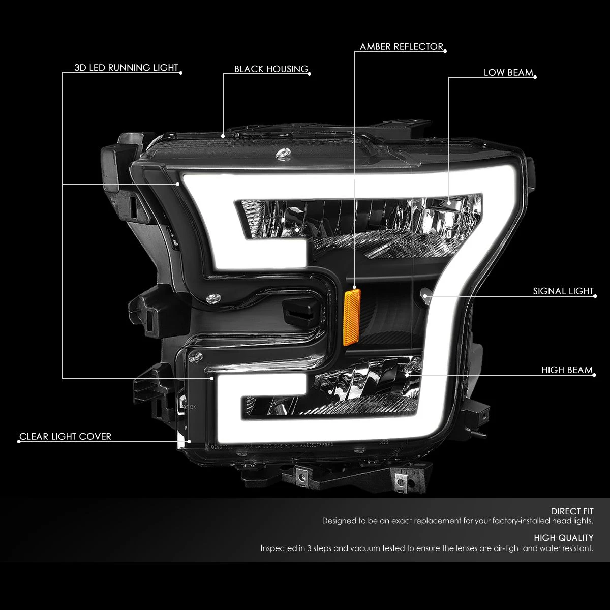 15-17 Ford F150 LED DRL Tube Euro Headlights - Black Amber 2 15-17 Ford F150 LED DRL Tube Euro Headlights - Black Amber - Image 2