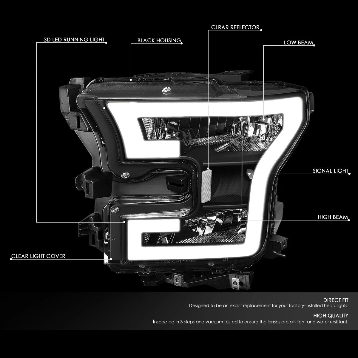 HID Combo 15-17 Ford F150 LED DRL Tube Euro Headlights - Black Clear 2 HID Combo 15-17 Ford F150 LED DRL Tube Euro Headlights - Black Clear - Image 2