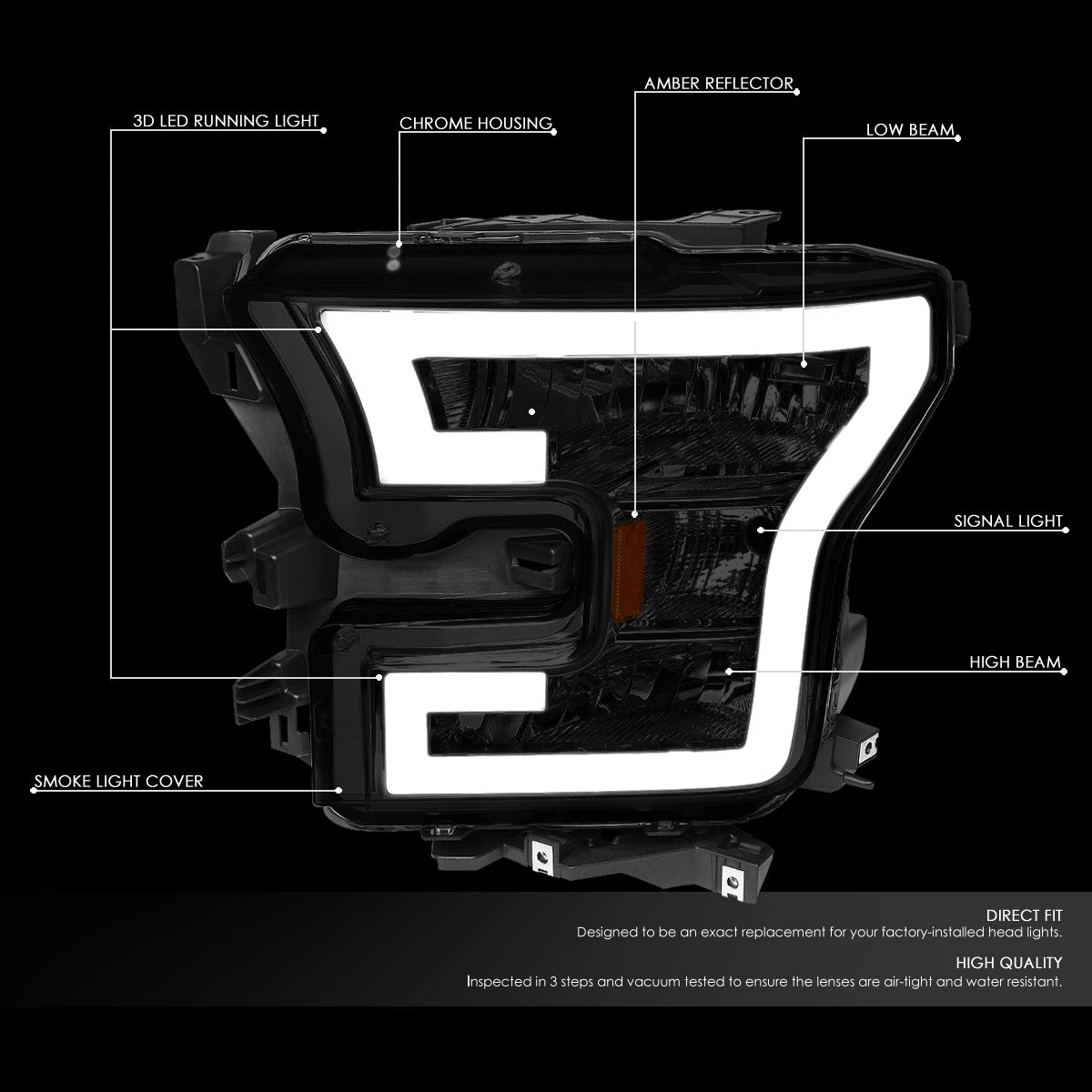 HID Combo 15-17 Ford F150 LED DRL Tube Euro Headlights - Smoked Amber 2 HID Combo 15-17 Ford F150 LED DRL Tube Euro Headlights - Smoked Amber - Image 2