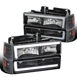 1994-1998 GMC C/K Sierra / Yukon Reflector Headlights W/ LED Running Light Tube - Black Housing