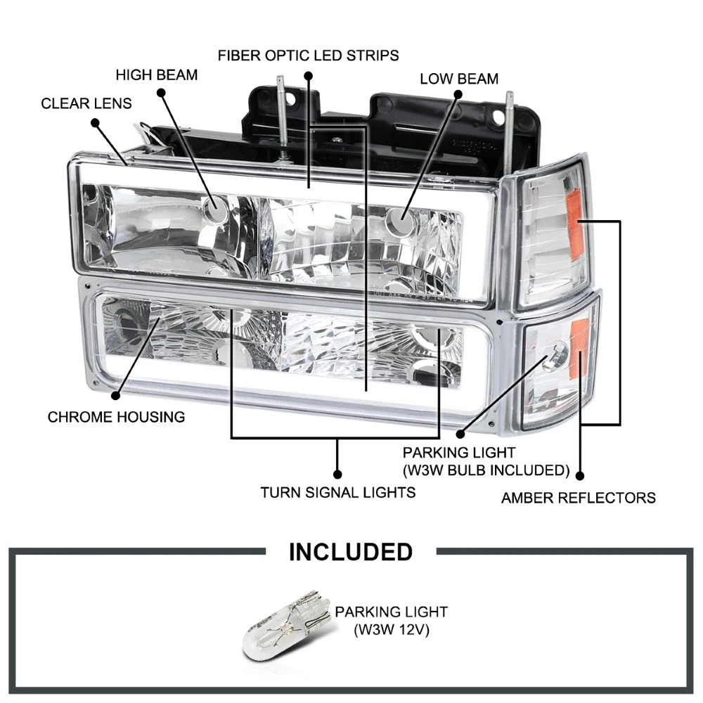 1994-1998 GMC C/K Sierra / Yukon Reflector Headlights W/ LED Running Light Tube - Chrome Housing 2 1994-1998 GMC C/K Sierra / Yukon Reflector Headlights W/ LED Running Light Tube - Chrome Housing - Image 2