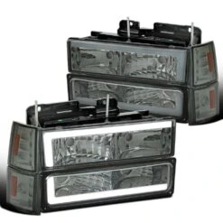 1994-1998 GMC C/K Sierra / Yukon Reflector Headlights W/ LED Running Light Tube - Chrome Housing W/ Smoked Lens