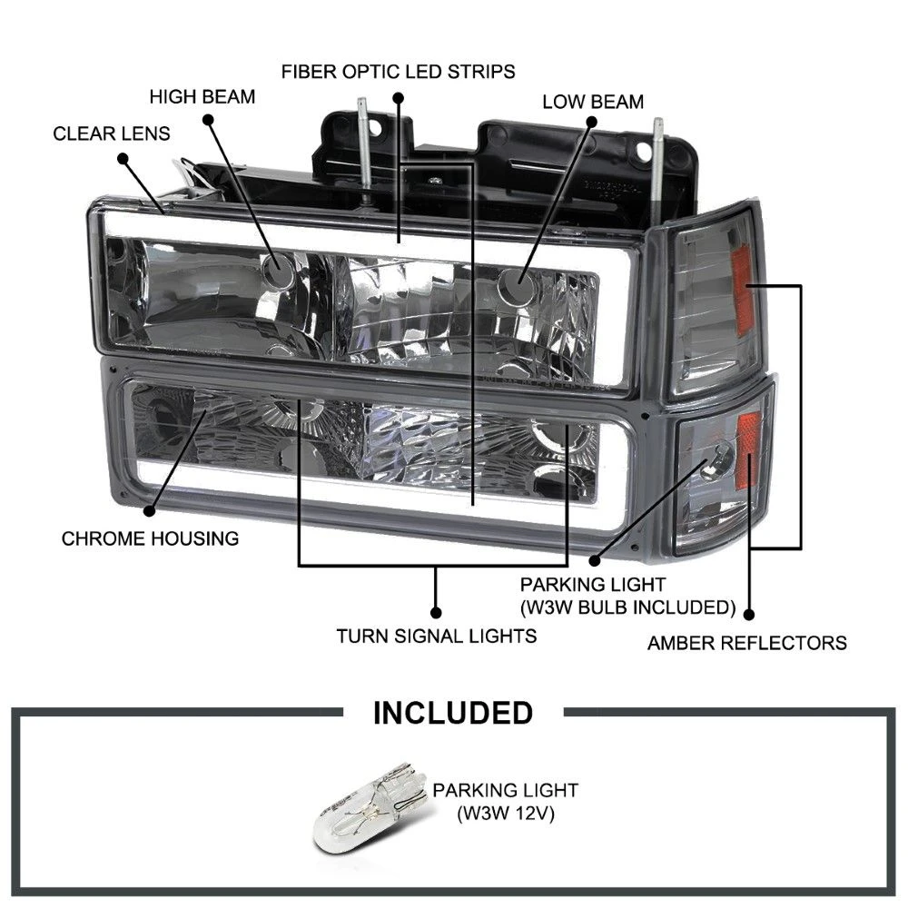 1994-1998 GMC C/K Sierra / Yukon Reflector Headlights W/ LED Running Light Tube - Chrome Housing W/ Smoked Lens 2 1994-1998 GMC C/K Sierra / Yukon Reflector Headlights W/ LED Running Light Tube - Chrome Housing W/ Smoked Lens - Image 2