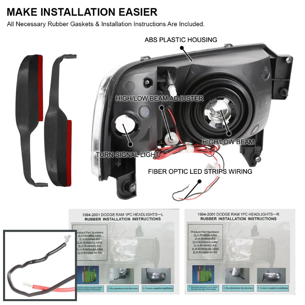 1994-2001 Dodge Ram 1500 2500 3500 LED Tube Reflector Headlights - Black Housing 3 1994-2001 Dodge Ram 1500 2500 3500 LED Tube Reflector Headlights - Black Housing - Image 3