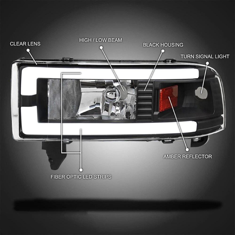 1994-2001 Dodge Ram 1500 2500 3500 LED Tube Reflector Headlights - Black Housing 2 1994-2001 Dodge Ram 1500 2500 3500 LED Tube Reflector Headlights - Black Housing - Image 2