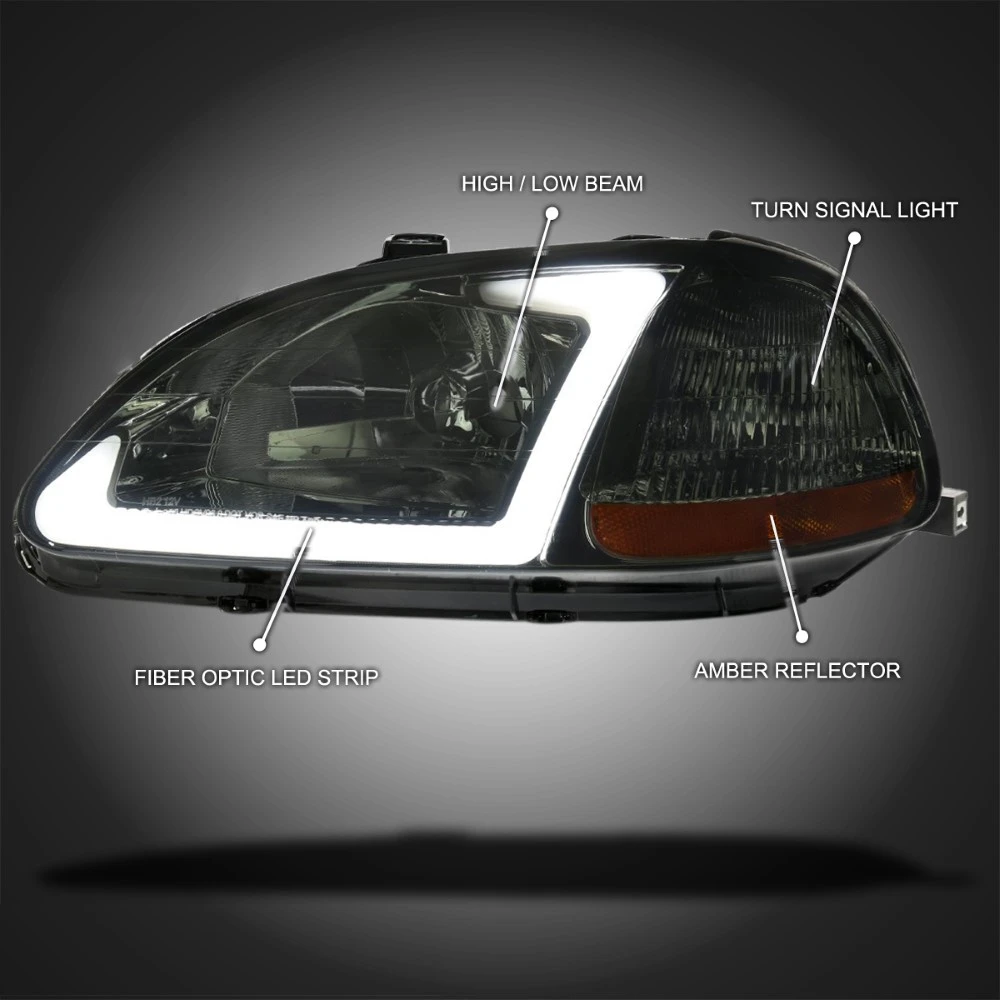 1996-1998 Honda Civic Sedan Reflector Headlights W/ LED DRL Strip - Smoked Lens 3 1996-1998 Honda Civic Sedan Reflector Headlights W/ LED DRL Strip - Smoked Lens - Image 3