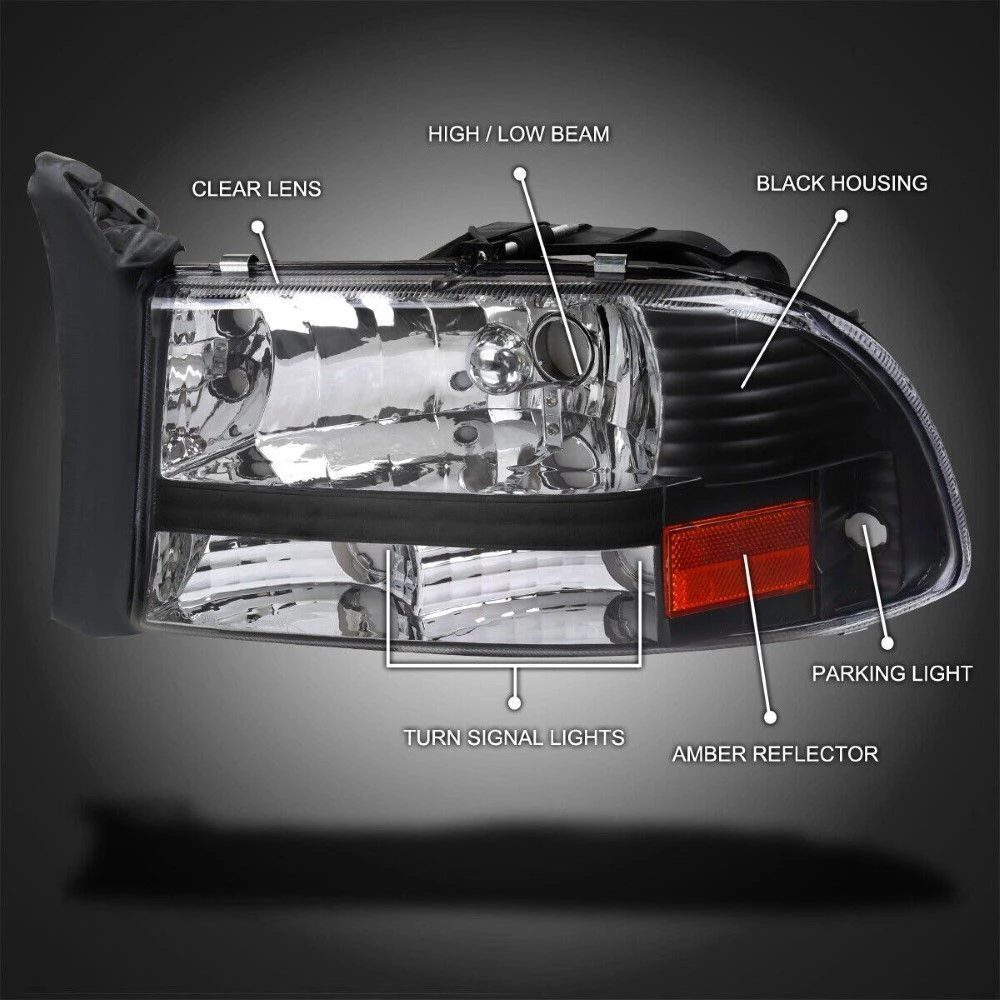 1997-2004 Dodge Dakota/Durango 1PC Reflector Headlight - Black Housing 2 1997-2004 Dodge Dakota/Durango 1PC Reflector Headlight - Black Housing - Image 2