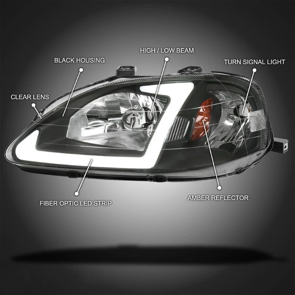 1999-2000 Honda Civic EJ/EK OE-Style Headlights W/ LED Tube - Black Housing 2 1999-2000 Honda Civic EJ/EK OE-Style Headlights W/ LED Tube - Black Housing - Image 2