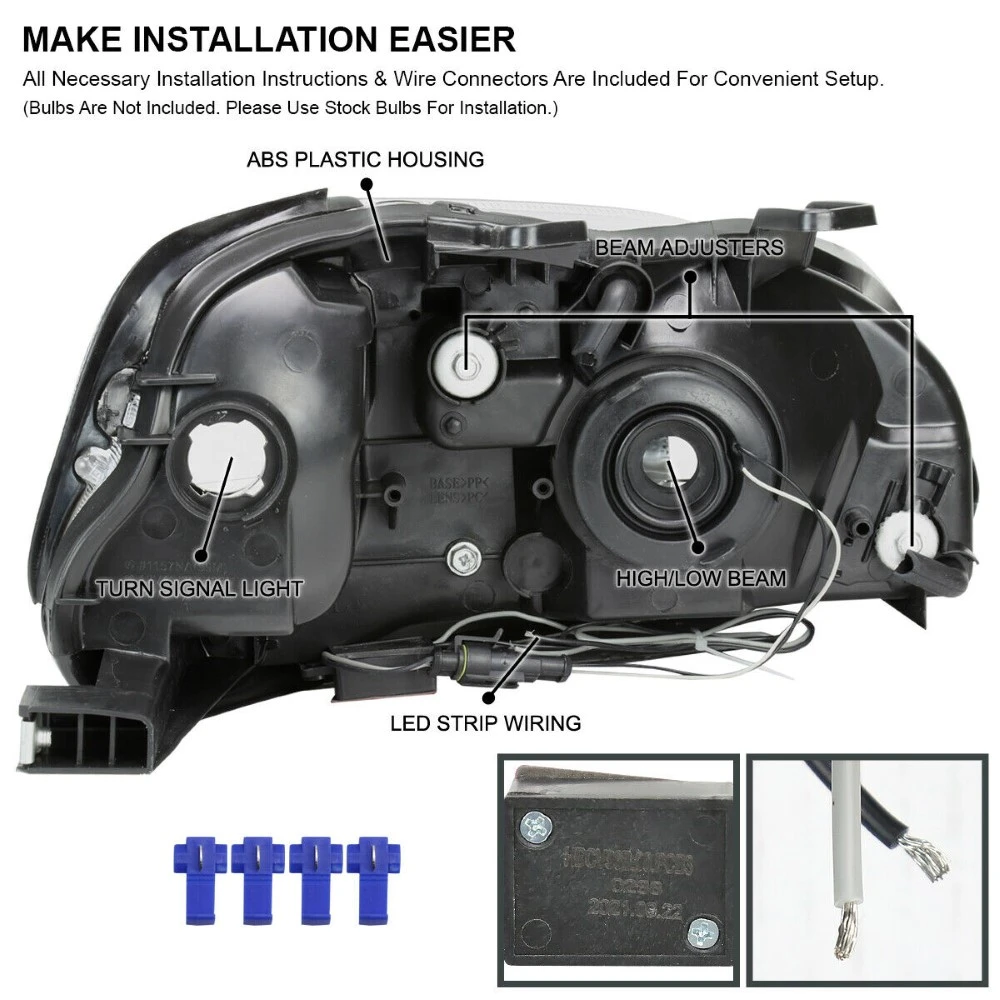 1999-2000 Honda Civic EJ/EK OE-Style Headlights W/ LED Tube - Black Housing 3 1999-2000 Honda Civic EJ/EK OE-Style Headlights W/ LED Tube - Black Housing - Image 3