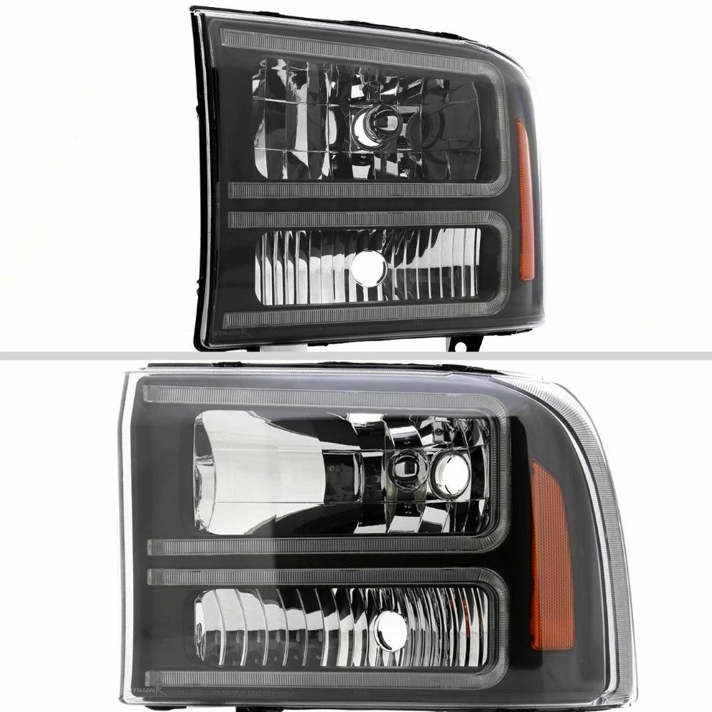 1999-2004 Ford F-250-F550 Euro OE-Style Headlights W/ Dual LED C Bar DRL - Black 2 1999-2004 Ford F-250-F550 Euro OE-Style Headlights W/ Dual LED C Bar DRL - Black - Image 2