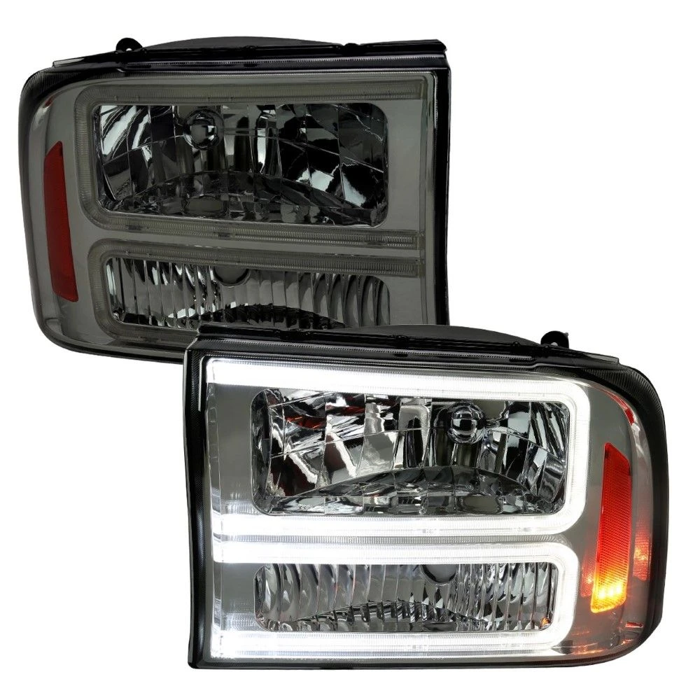 1999-2004 Ford F-250-F550 Euro OE-Style Headlights W/ Dual LED C Bar DRL - Smoked 1 1999-2004 Ford F-250-F550 Euro OE-Style Headlights W/ Dual LED C Bar DRL - Smoked