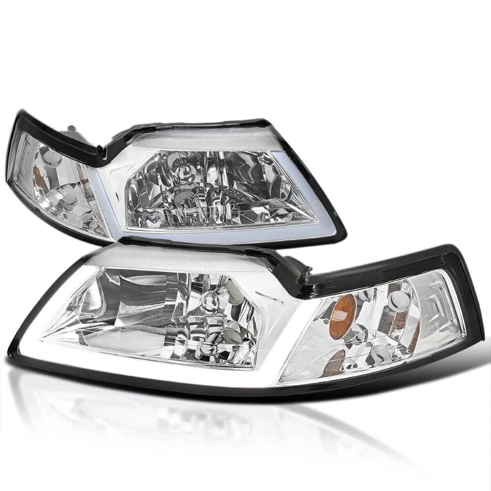 1999-2004 Ford Mustang OE Style Headlights W/ LED Tube - Chrome Housing 1 1999-2004 Ford Mustang OE Style Headlights W/ LED Tube - Chrome Housing