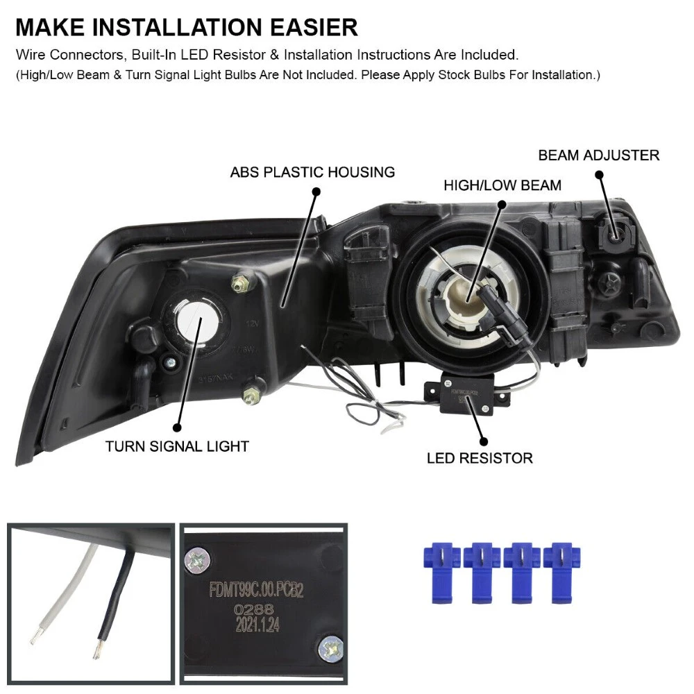 1999-2004 Ford Mustang OE Style Headlights W/ LED Tube - Chrome Housing 3 1999-2004 Ford Mustang OE Style Headlights W/ LED Tube - Chrome Housing - Image 3