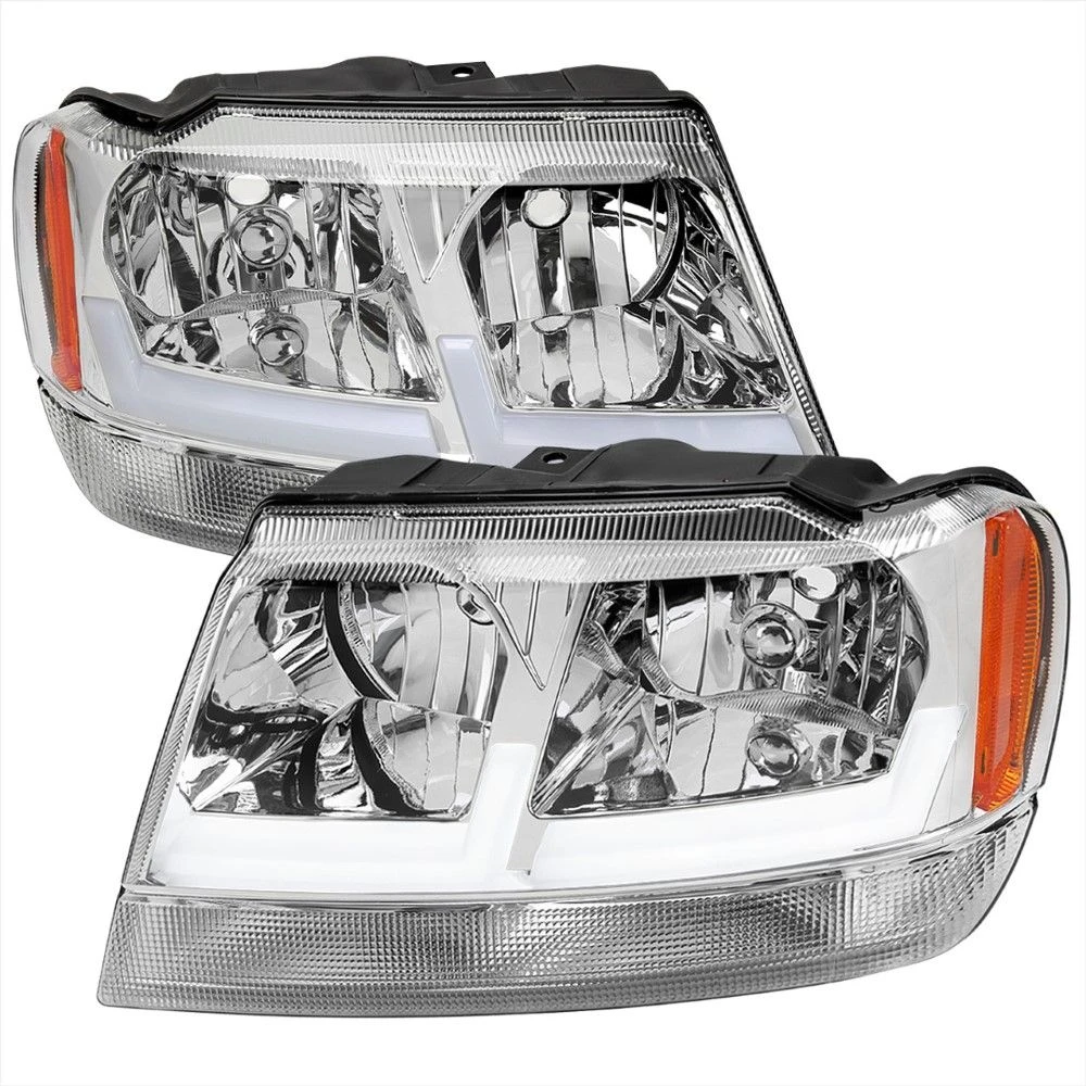 1999-2004 Jeep Grand Cherokee LED Tube Reflector Headlights - Chrome 1 1999-2004 Jeep Grand Cherokee LED Tube Reflector Headlights - Chrome
