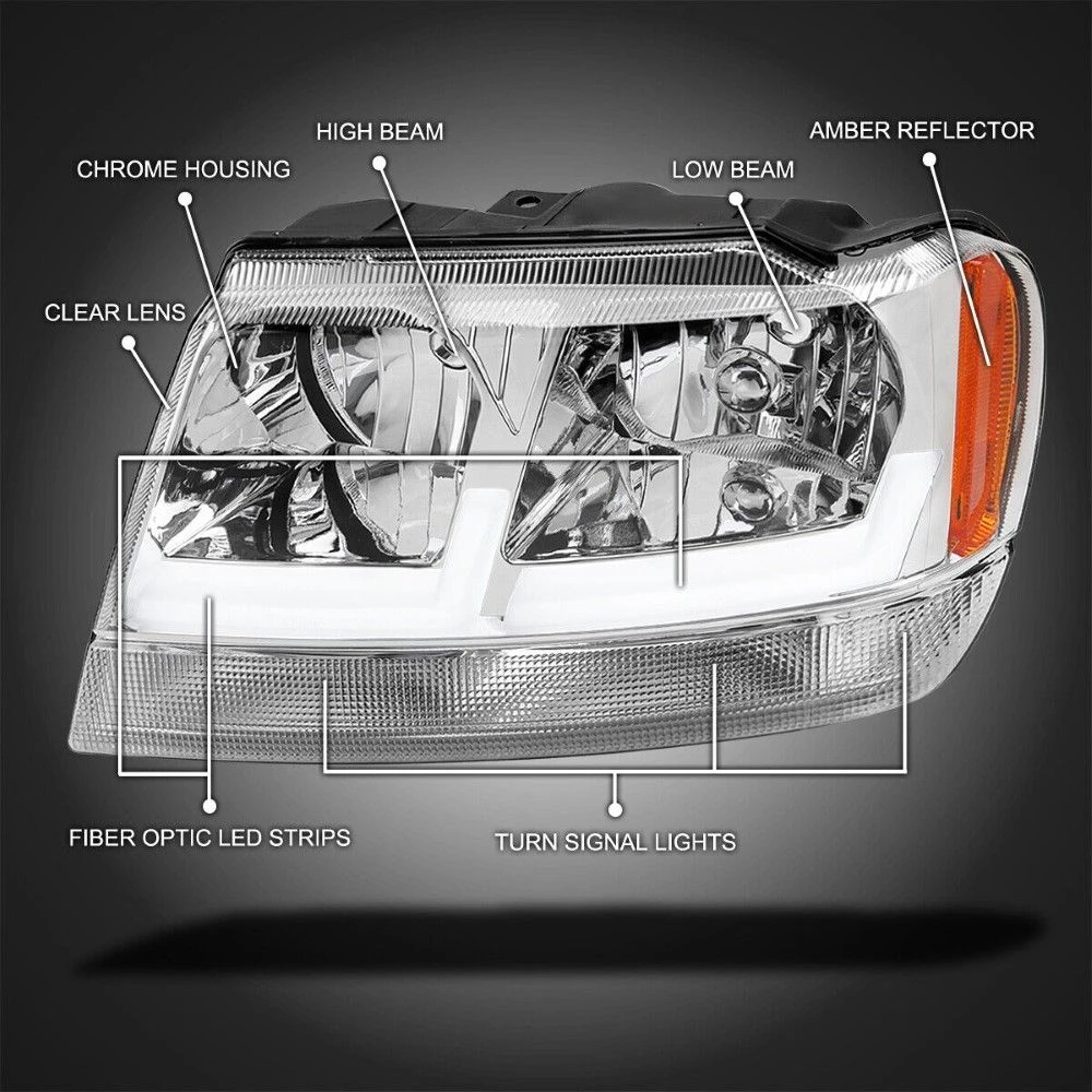 1999-2004 Jeep Grand Cherokee LED Tube Reflector Headlights - Chrome 2 1999-2004 Jeep Grand Cherokee LED Tube Reflector Headlights - Chrome - Image 2