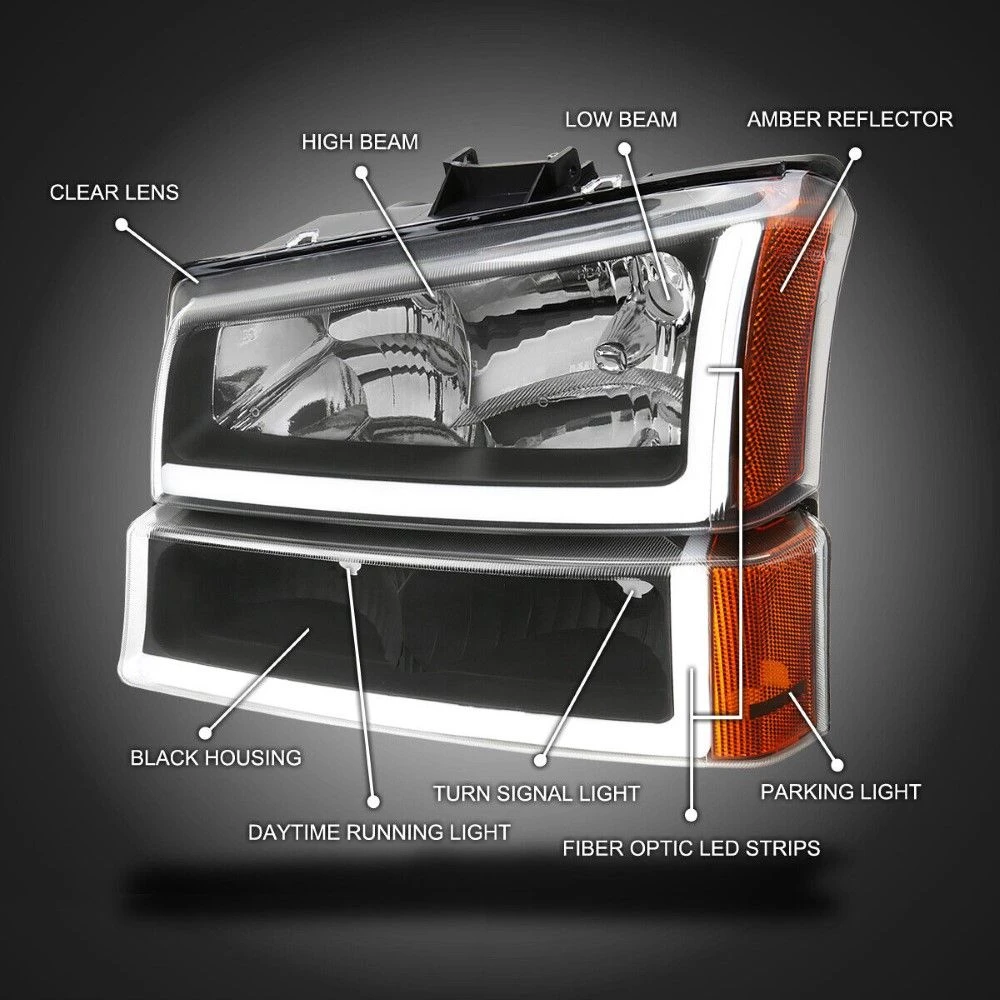2003-2007 Chevy Silverado/Avalanche LED Bar Reflector Headlights - Black Housing 2 2003-2007 Chevy Silverado/Avalanche LED Bar Reflector Headlights - Black Housing - Image 2