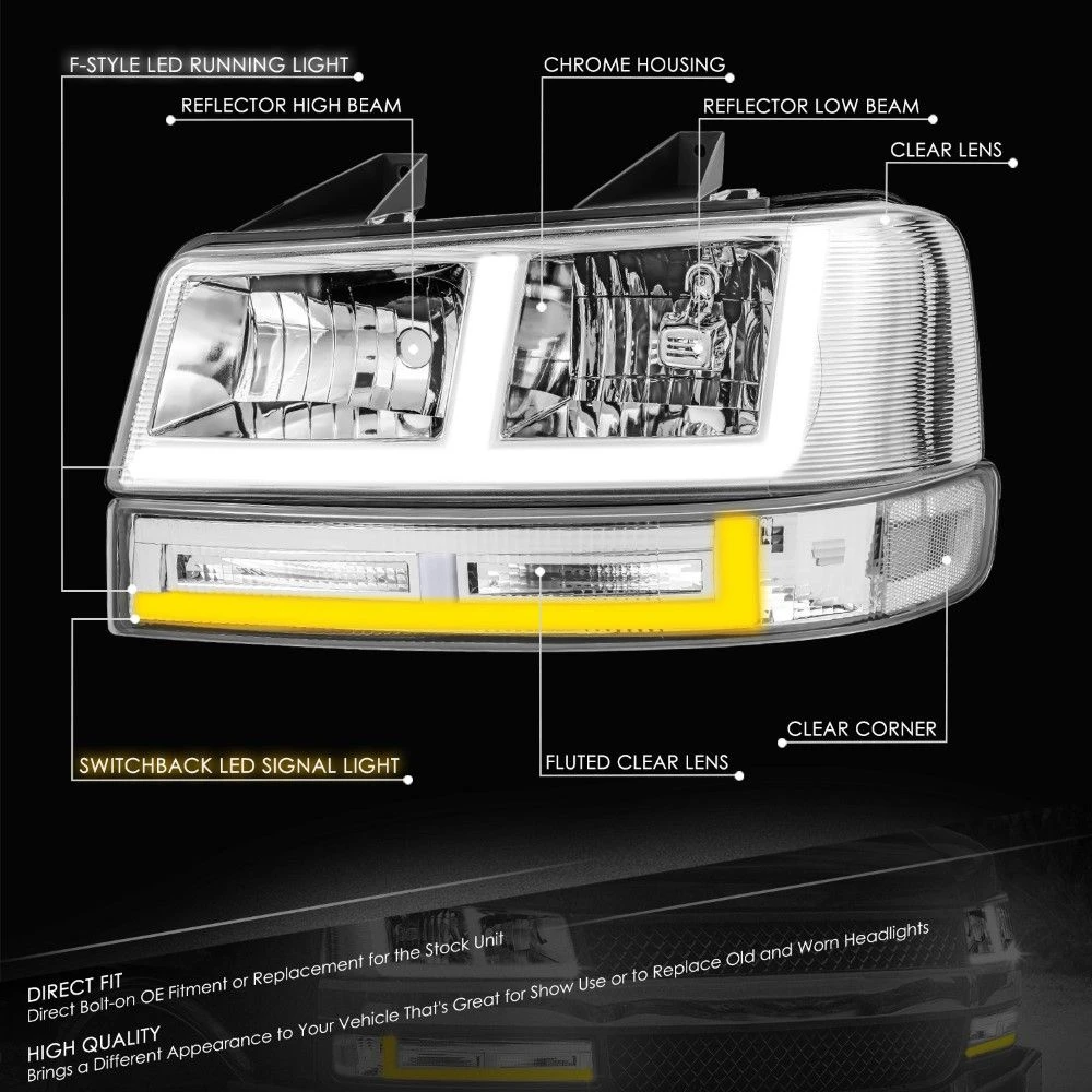 2003-2023 Chevy Express / GMC Savana Switchback F-Shape LED DRL Headlights - Chrome Housing Clear Lens Clear Side Markers 2 2003-2023 Chevy Express / GMC Savana Switchback F-Shape LED DRL Headlights - Chrome Housing Clear Lens Clear Side Markers - Image 2