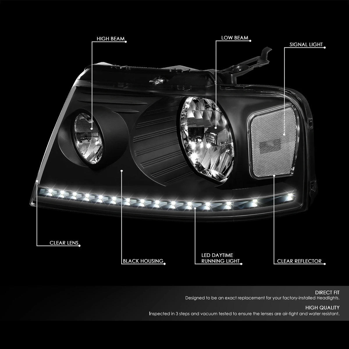 2004-2008 Ford F150 / Lincoln Mark LT LED DRL Headlights - Black Clear 2 2004-2008 Ford F150 / Lincoln Mark LT LED DRL Headlights - Black Clear - Image 2