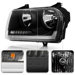 2005-2010 Chrysler 300 [Halogen] LED Tube W/Signal Headlights - Black Housing -High-Efficiency Car Light Store 2005 2010 chrysler 300 halogen led tube w signal headlights black housing 22