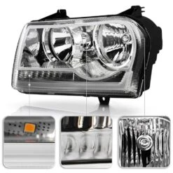 2005-2010 Chrysler 300 [Halogen] LED Tube W/Signal Headlights - Chrome Housing -High-Efficiency Car Light Store 2005 2010 chrysler 300 halogen led tube w signal headlights chrome housing 22