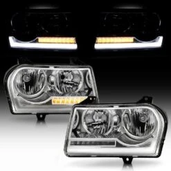 2005-2010 Chrysler 300 [Halogen] LED Tube W/Signal Headlights - Chrome Housing -High-Efficiency Car Light Store 2005 2010 chrysler 300 halogen led tube w signal headlights chrome housing 34