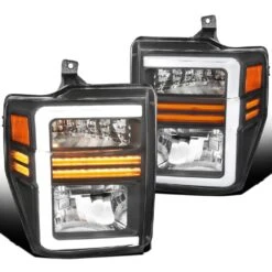 2008-2010 Ford F250/F350 SuperDuty Reflector Headlights W/ LED Tube & Sequential Turn Signals - Black Housing