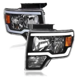 2009-2014 Ford F150 Reflector Headlights W/ Dual LED Tube DRL - Black Housing