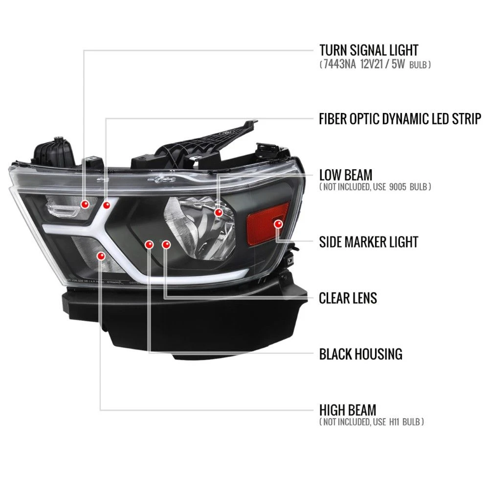 2019-2022 Dodge Ram 1500 Halogen Reflector Headlights W/ LED DRL Strip - Black Housing 2 2019-2022 Dodge Ram 1500 Halogen Reflector Headlights W/ LED DRL Strip - Black Housing - Image 2