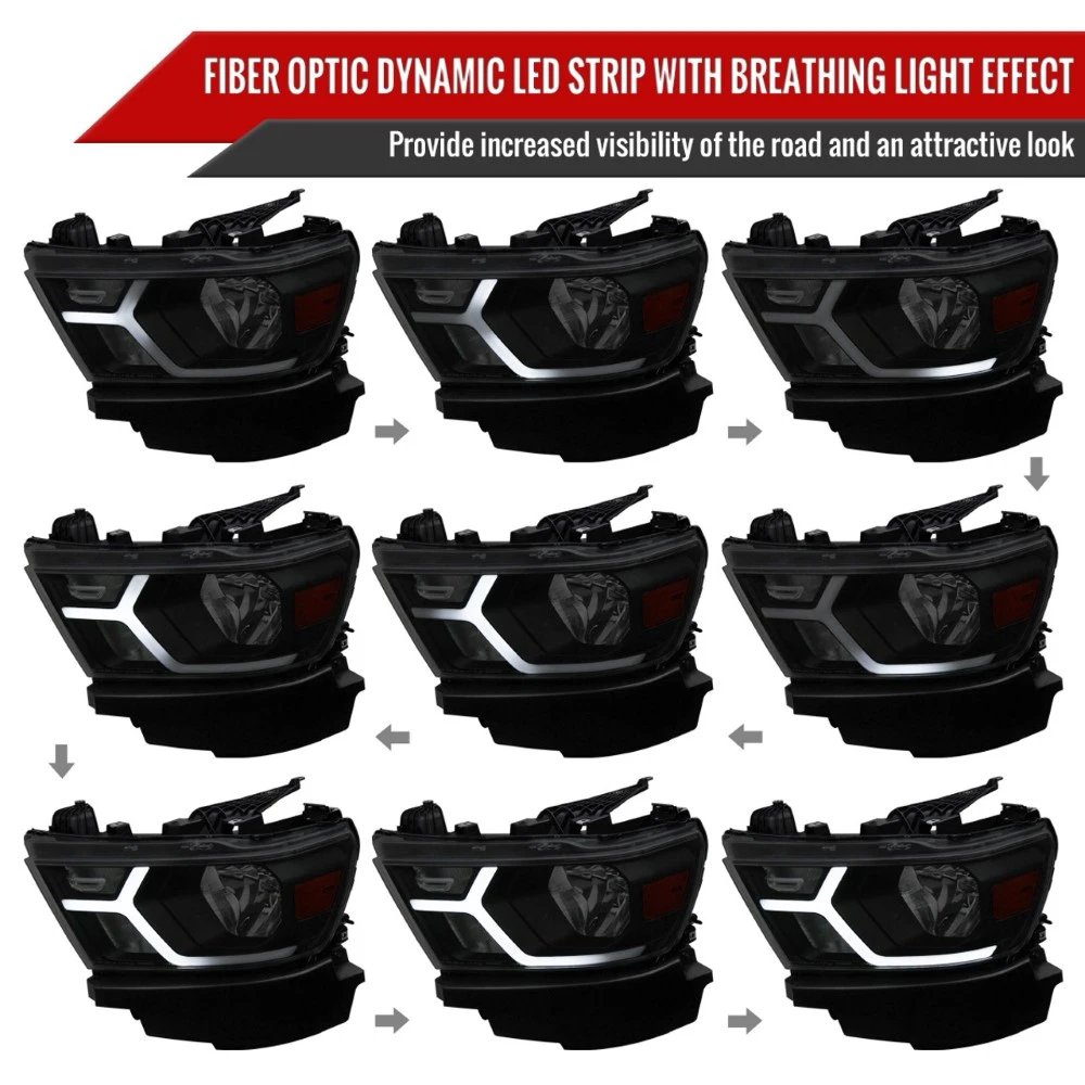 2019-2022 Dodge Ram 1500 Halogen Reflector Headlights W/ LED DRL Strip - Black Housing Smoked Lens 4 2019-2022 Dodge Ram 1500 Halogen Reflector Headlights W/ LED DRL Strip - Black Housing Smoked Lens - Image 4