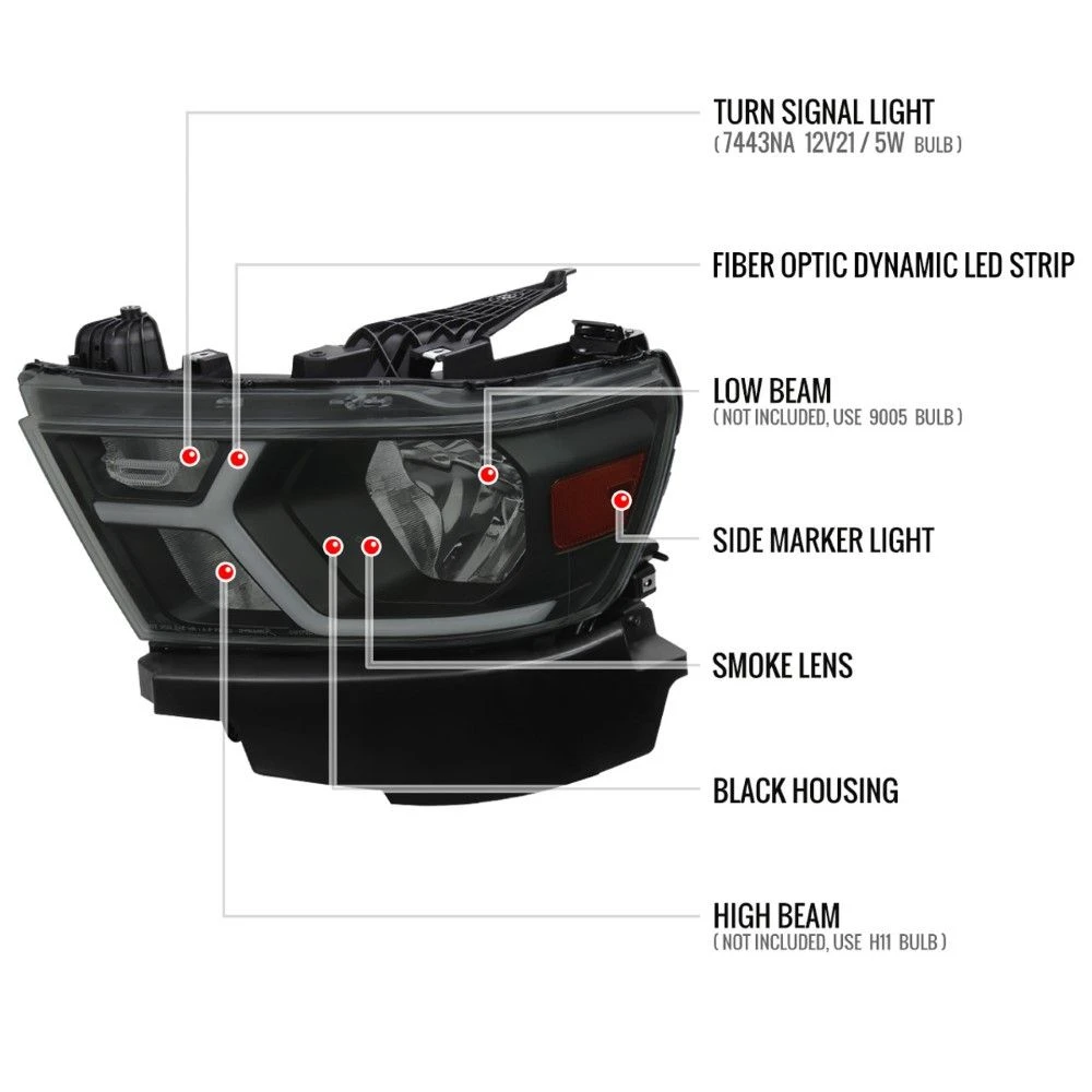 2019-2022 Dodge Ram 1500 Halogen Reflector Headlights W/ LED DRL Strip - Black Housing Smoked Lens 2 2019-2022 Dodge Ram 1500 Halogen Reflector Headlights W/ LED DRL Strip - Black Housing Smoked Lens - Image 2