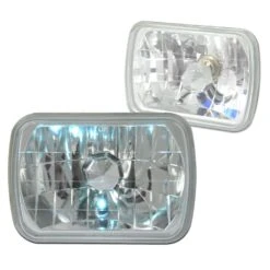Pair 7X6 Inch Diamond Cut Clear Glass Lens Headlight Lamps - Chrome