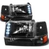 92-96 Ford Bronco / F150 F250 LED DRL Headlights + Bumper + Corner - Black Amber