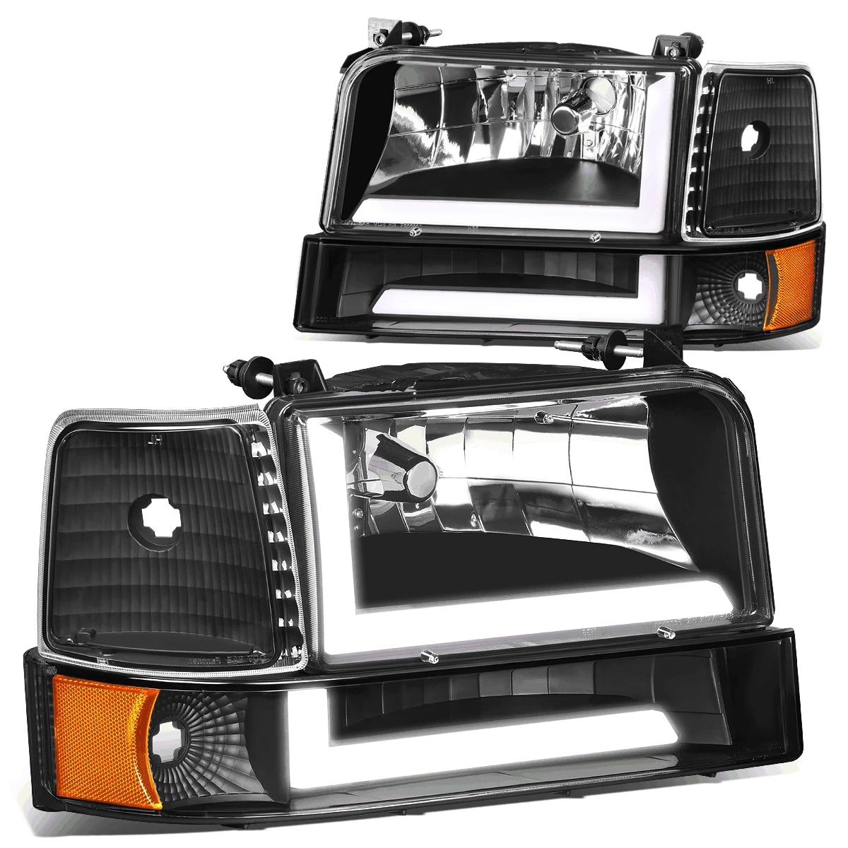 92-96 Ford F150 F250 F350 6Pcs Headlight+Bumper Lamp W/LED DRL - Black|Amber 1 92-96 Ford F150 F250 F350 6Pcs Headlight+Bumper Lamp W/LED DRL - Black|Amber