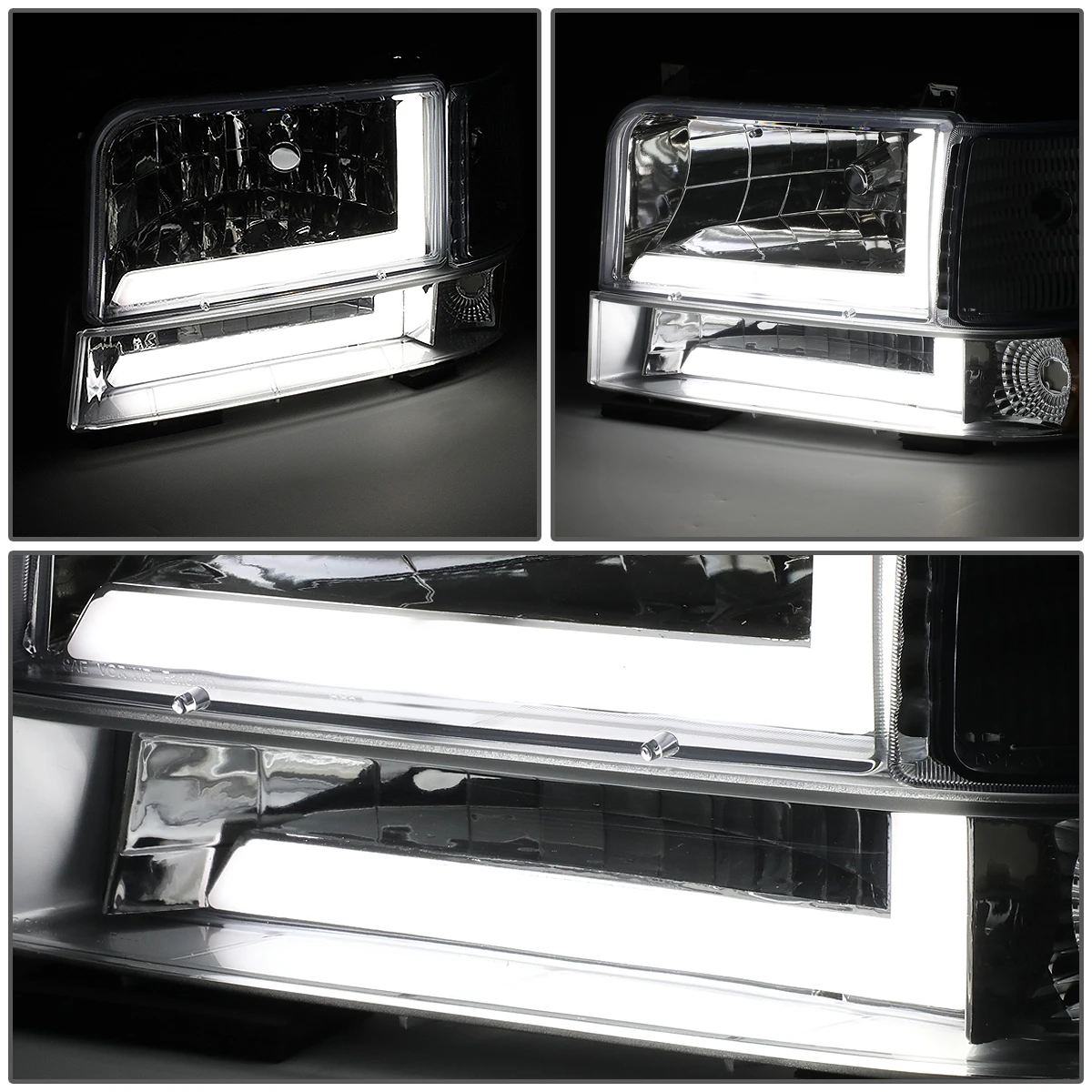 92-96 Ford F150 F250 F350 6Pcs Headlight+Bumper Lamp W/LED DRL - Chrome|Amber 3 92-96 Ford F150 F250 F350 6Pcs Headlight+Bumper Lamp W/LED DRL - Chrome|Amber - Image 3