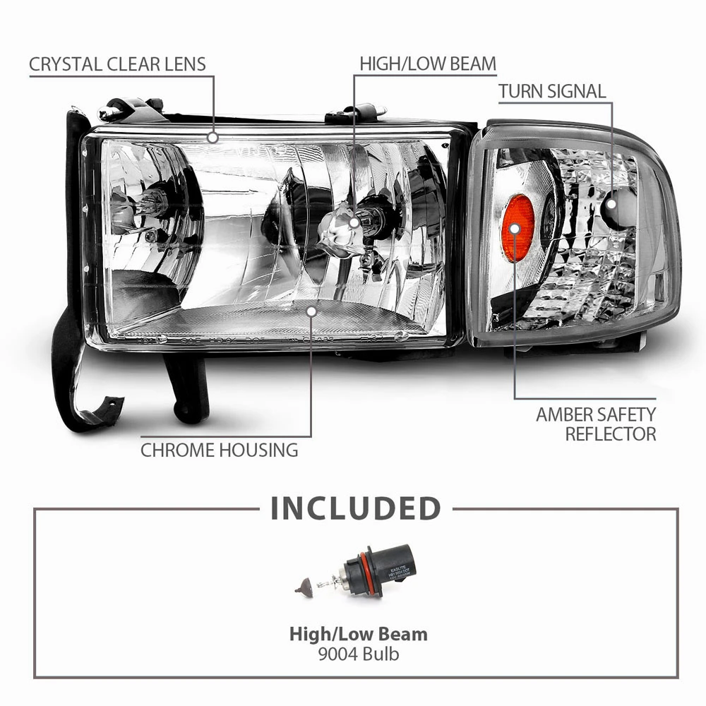 94-01 Dodge Ram Pickup Euro Crystal Headlights With Corner Lens - Chrome 3 94-01 Dodge Ram Pickup Euro Crystal Headlights With Corner Lens - Chrome - Image 3