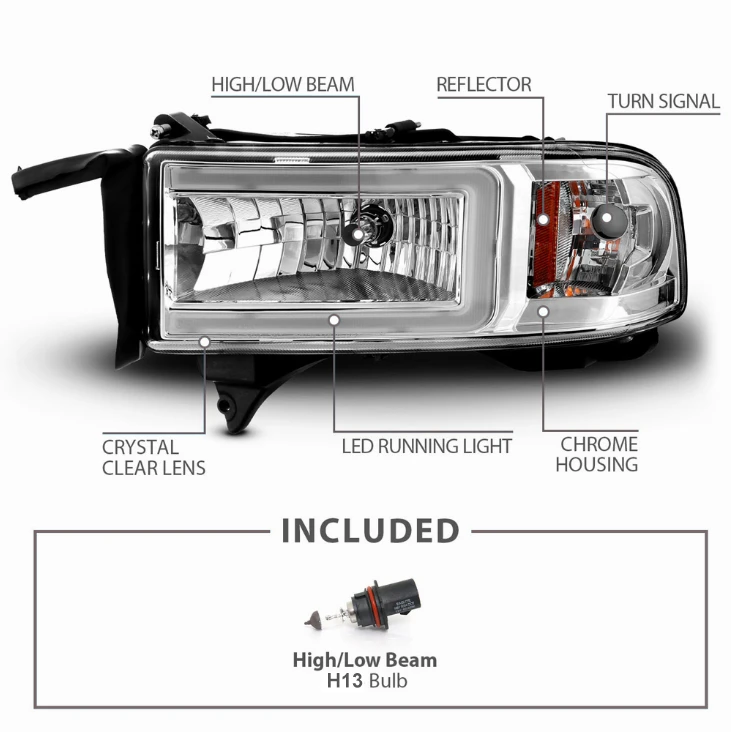 94-02 Dodge Ram LED C Light Bar Reflector Headlights - Chrome 3 94-02 Dodge Ram LED C Light Bar Reflector Headlights - Chrome - Image 3