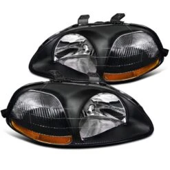 96-98 Honda Civic JDM Style Amber Reflector Crystal Headlights - Black