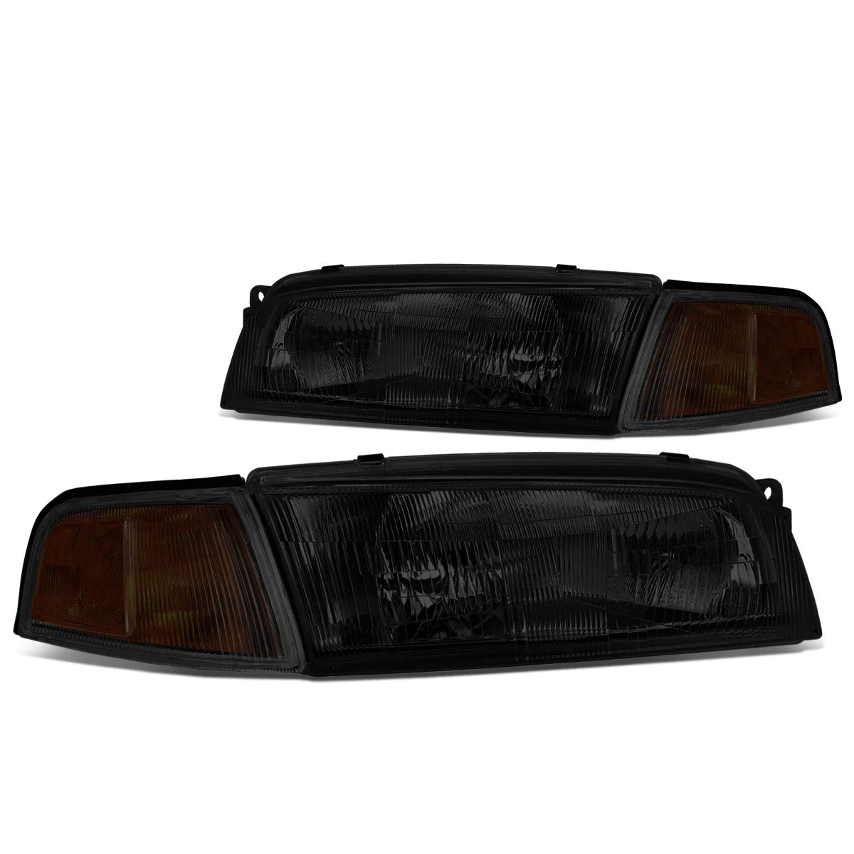 97-01 Mitsubishi Mirage 4Dr Sedan Factory Style Replacement Headlights - Smoked Lens / Amber 2 97-01 Mitsubishi Mirage 4Dr Sedan Factory Style Replacement Headlights - Smoked Lens / Amber - Image 2