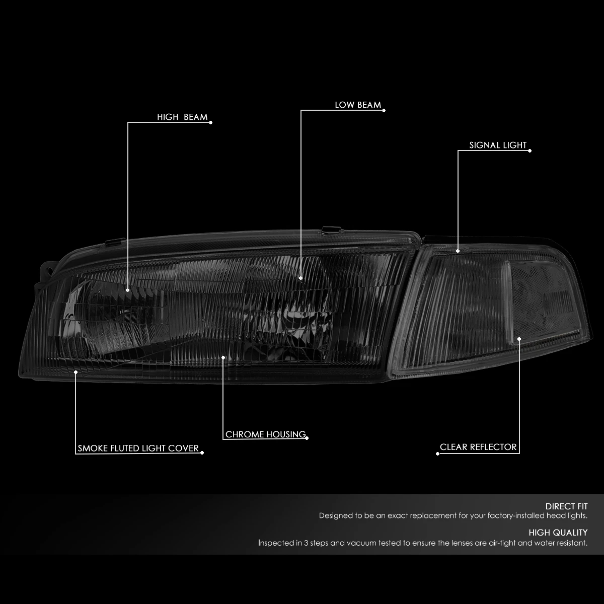 97-01 Mitsubishi Mirage 4Dr Sedan Factory Style Replacement Headlights - Smoked Lens / Clear 4 97-01 Mitsubishi Mirage 4Dr Sedan Factory Style Replacement Headlights - Smoked Lens / Clear - Image 4