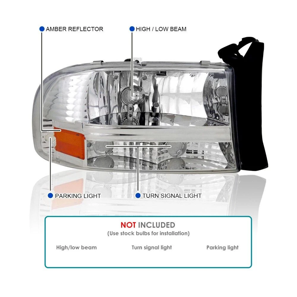 1997-2004 Dodge Dakota/Durango 1PC Reflector Headlight - Chrome Housing 2 1997-2004 Dodge Dakota/Durango 1PC Reflector Headlight - Chrome Housing - Image 2