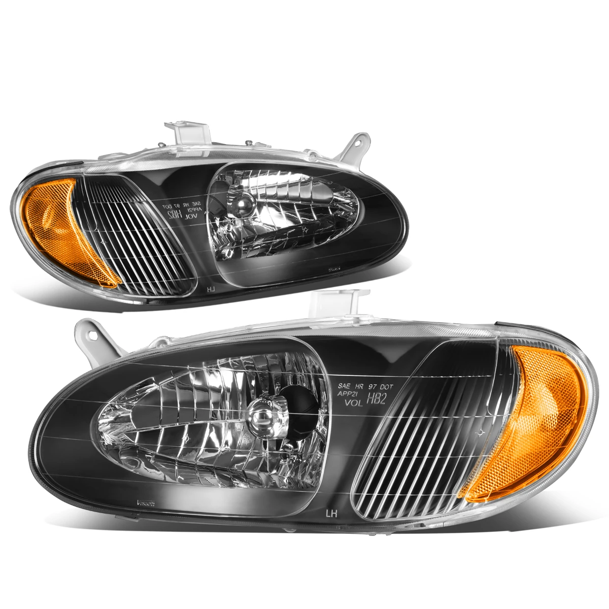 98-01 Kia Sephia Factory Style Replacement Headlights - Black / Amber 3 98-01 Kia Sephia Factory Style Replacement Headlights - Black / Amber - Image 3