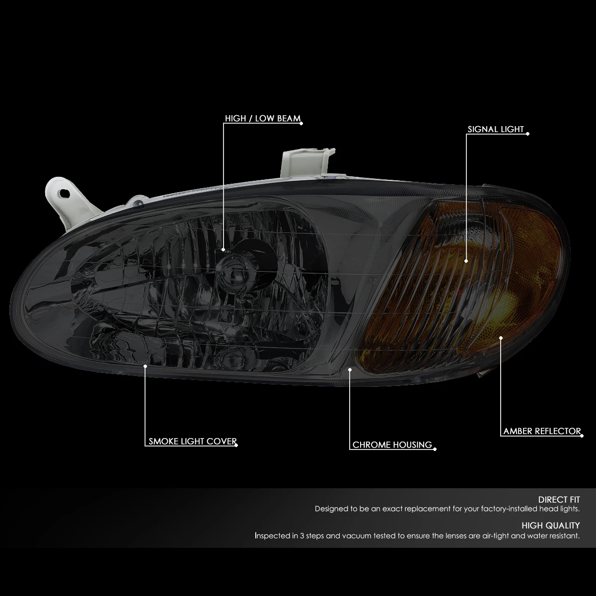 98-01 Kia Sephia Factory Style Replacement Headlights - Smoked / Amber 4 98-01 Kia Sephia Factory Style Replacement Headlights - Smoked / Amber - Image 4