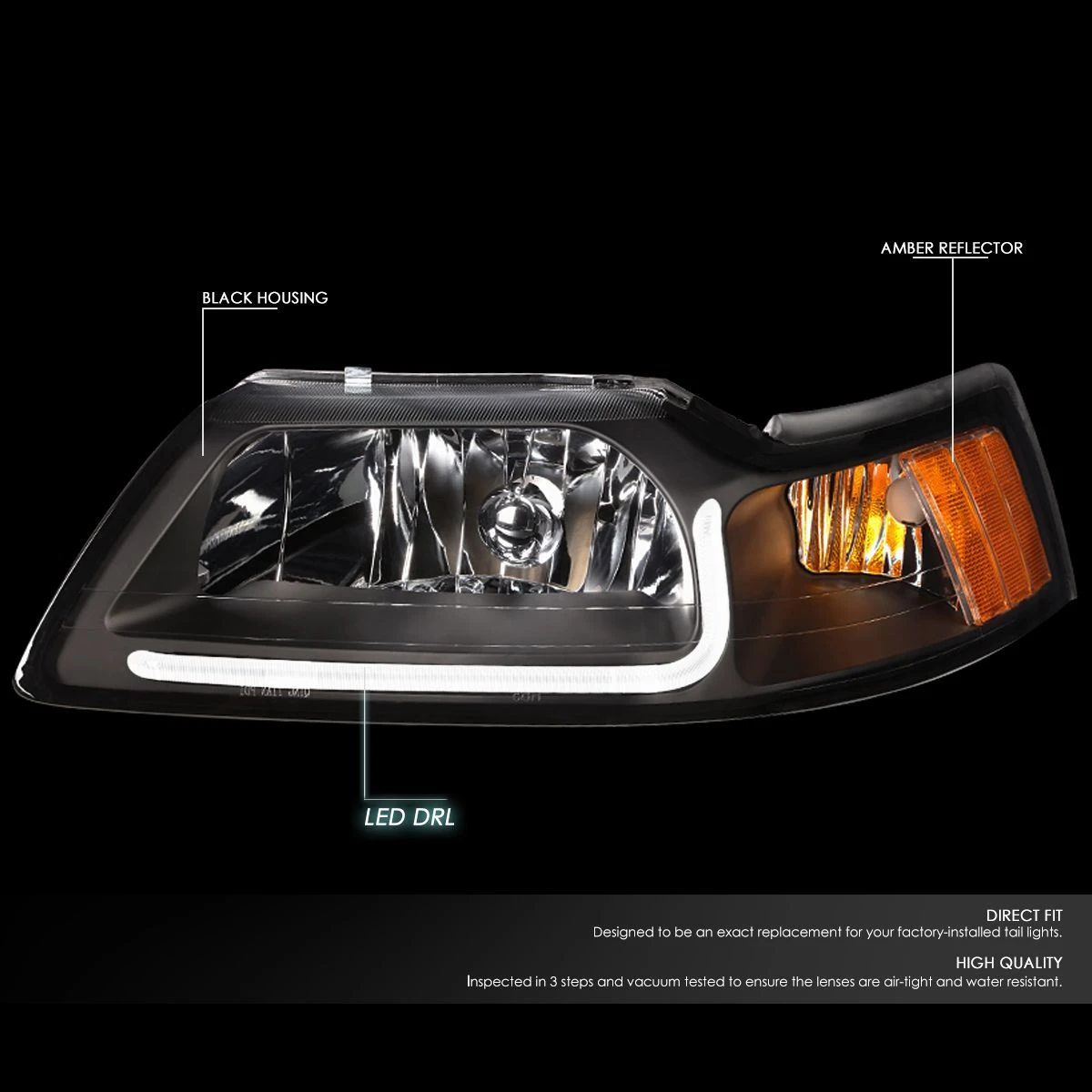 99-04 Ford Mustang LED DRL Bar Headlights - Black / Amber 2 99-04 Ford Mustang LED DRL Bar Headlights - Black / Amber - Image 2